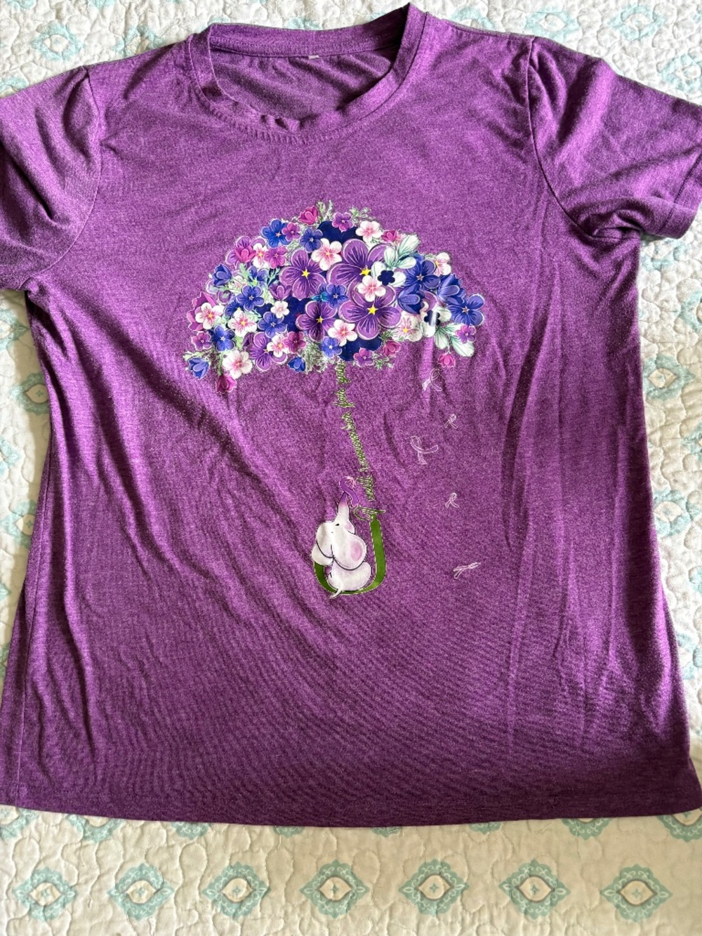 NWT Alzheimer’s Awareness Purple Graphic T-Shirt Elephant Floral Women’s Tee